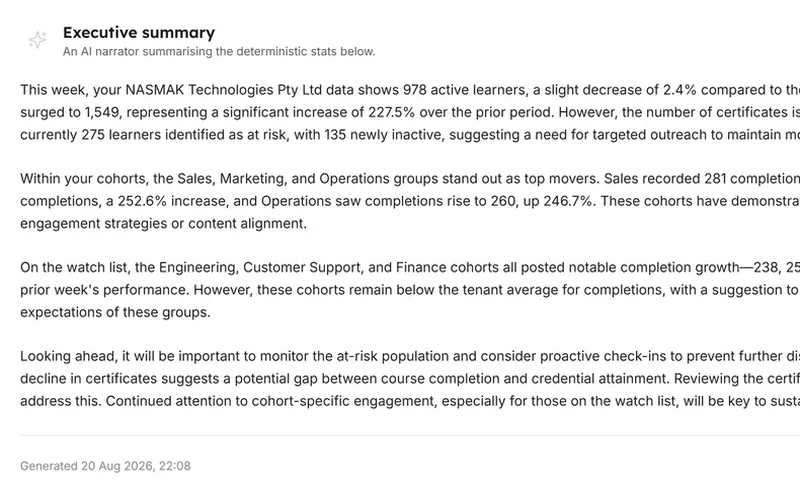 Executive summary, from the AI assistant screen in LearnBoard