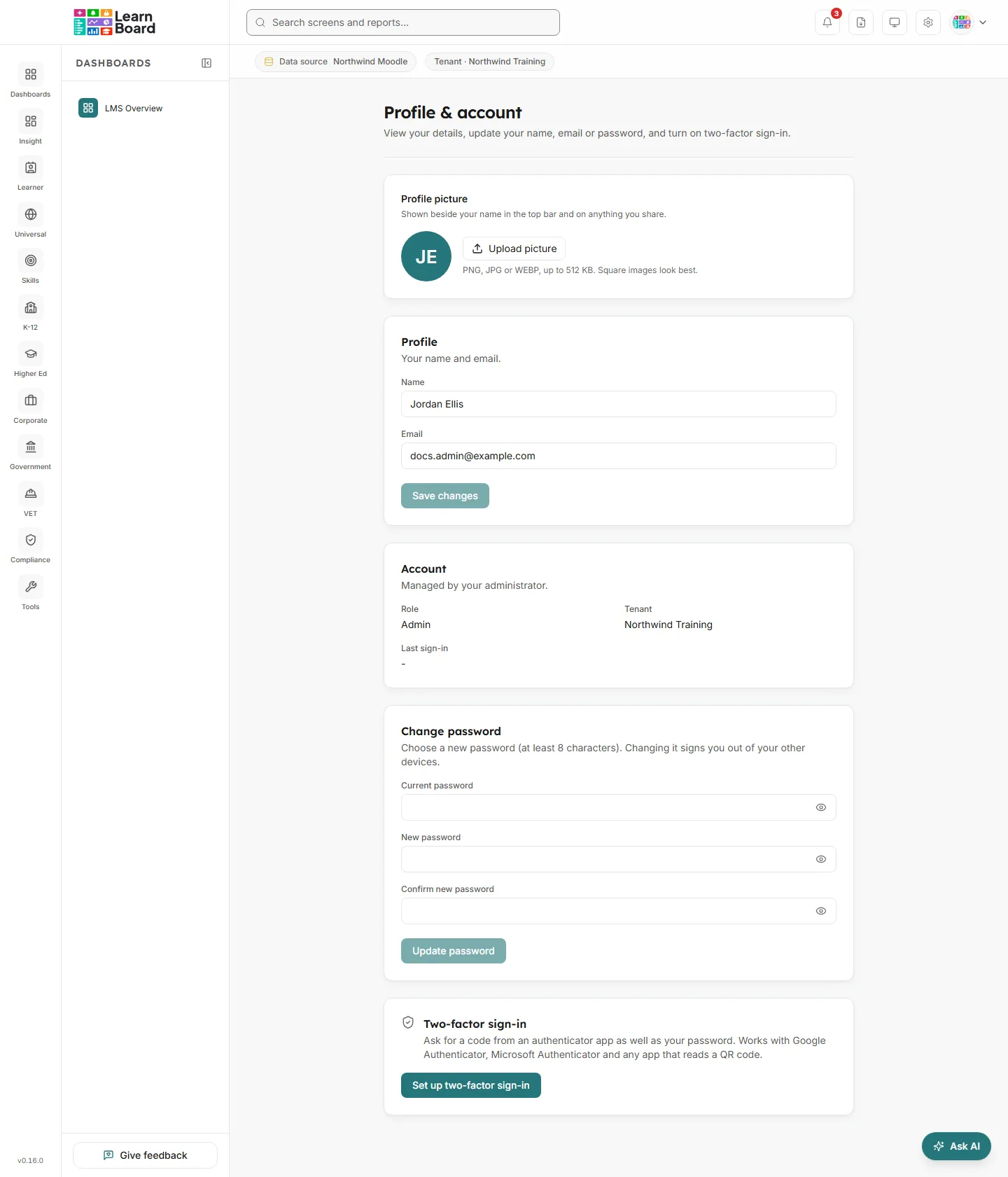 The LearnBoard Profile and account screen with picture, profile, account, password and two-factor sections