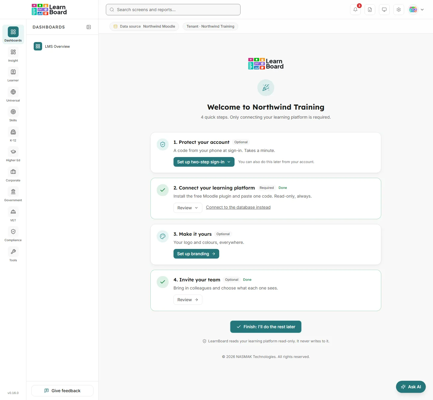 The LearnBoard setup walkthrough with its four steps: protect your account, connect your learning platform, make it yours, invite your team