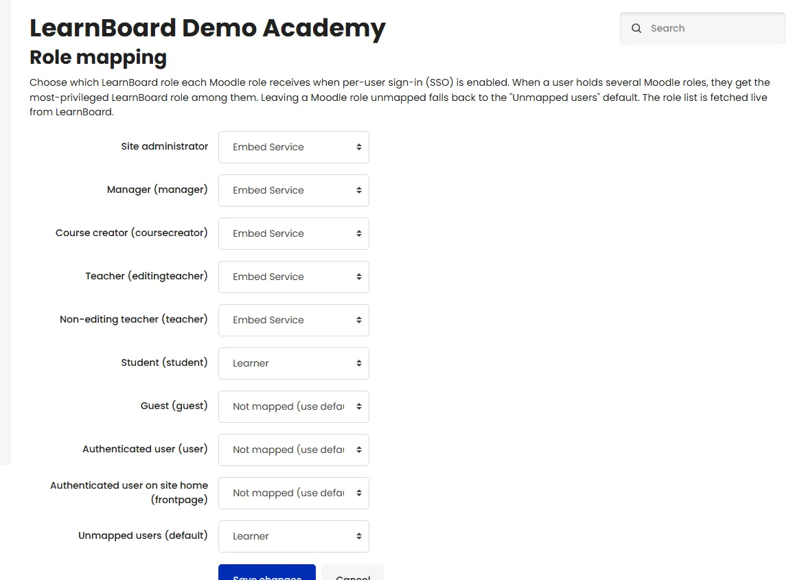 The Role mapping page: Site administrator, Manager, Course creator, Teacher and Non-editing teacher mapped to Embed Service, Student to Learner, Guest and Authenticated user not mapped, Unmapped users default Learner