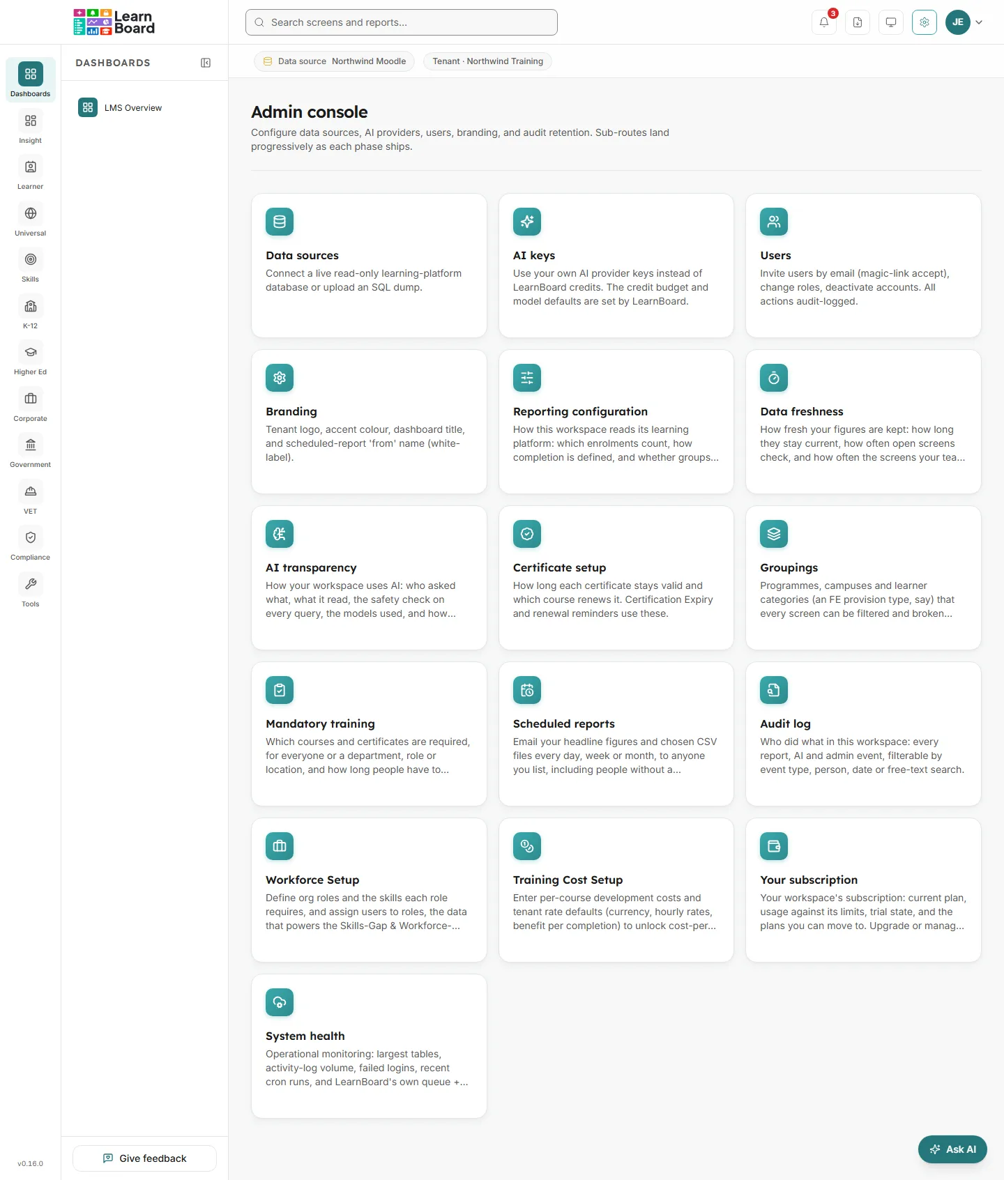 The LearnBoard Admin console with a grid of administration tiles