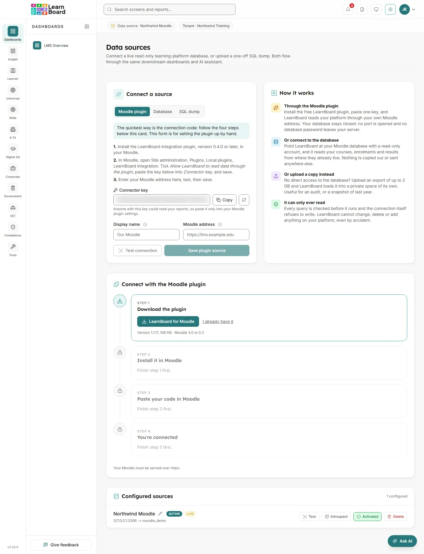The Database tab on the Data sources screen with host, port, database, username and password fields