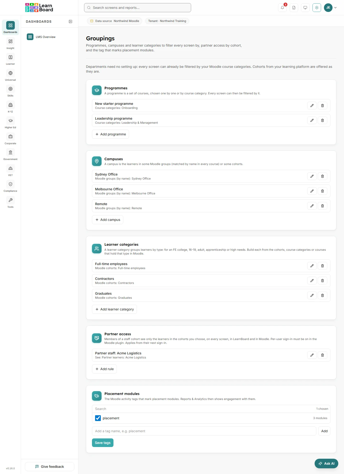 The Groupings screen with Programmes, Campuses, Learner categories, Partner access and Placement modules
