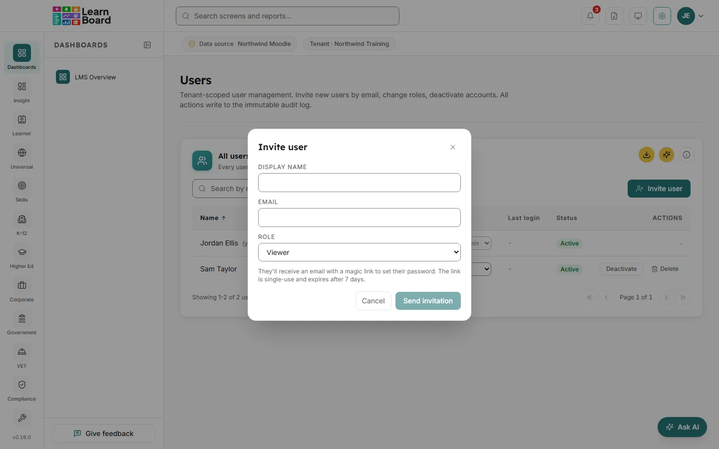 The Invite user dialog with Display name, Email and Role fields