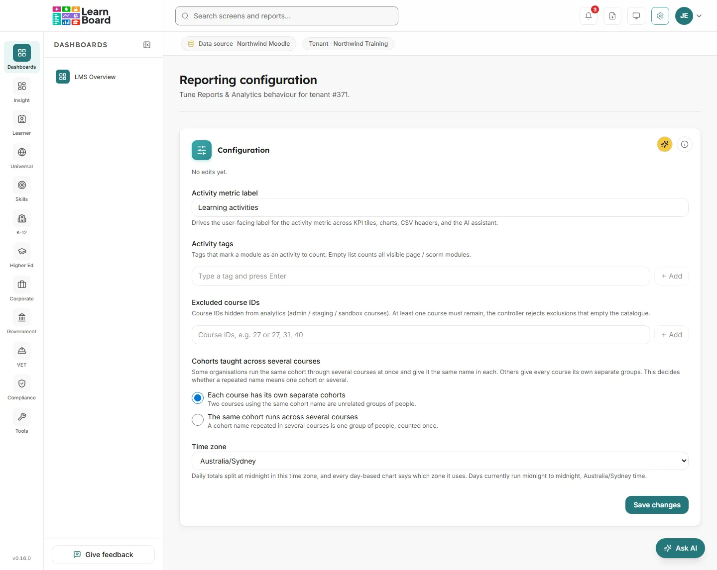 The Reporting configuration screen with the activity label, activity tags, excluded course IDs, cohort and time zone settings